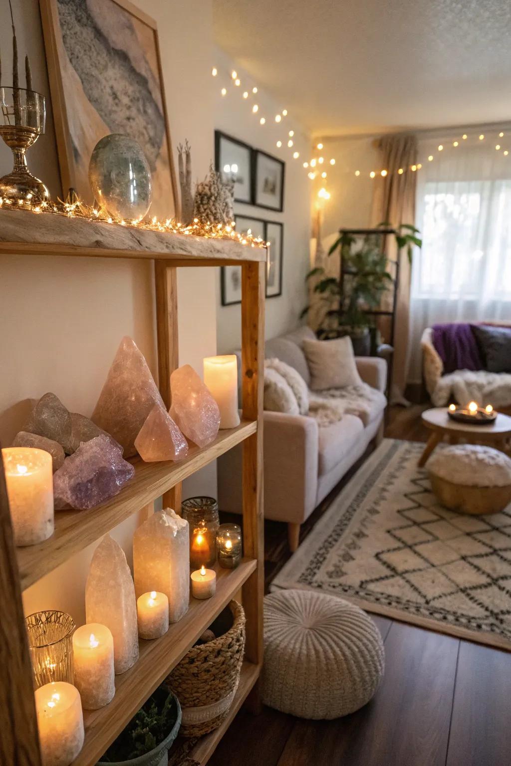 A crystal display can serve as the focal point of your space, introducing both aesthetic appeal and uplifting vibes.