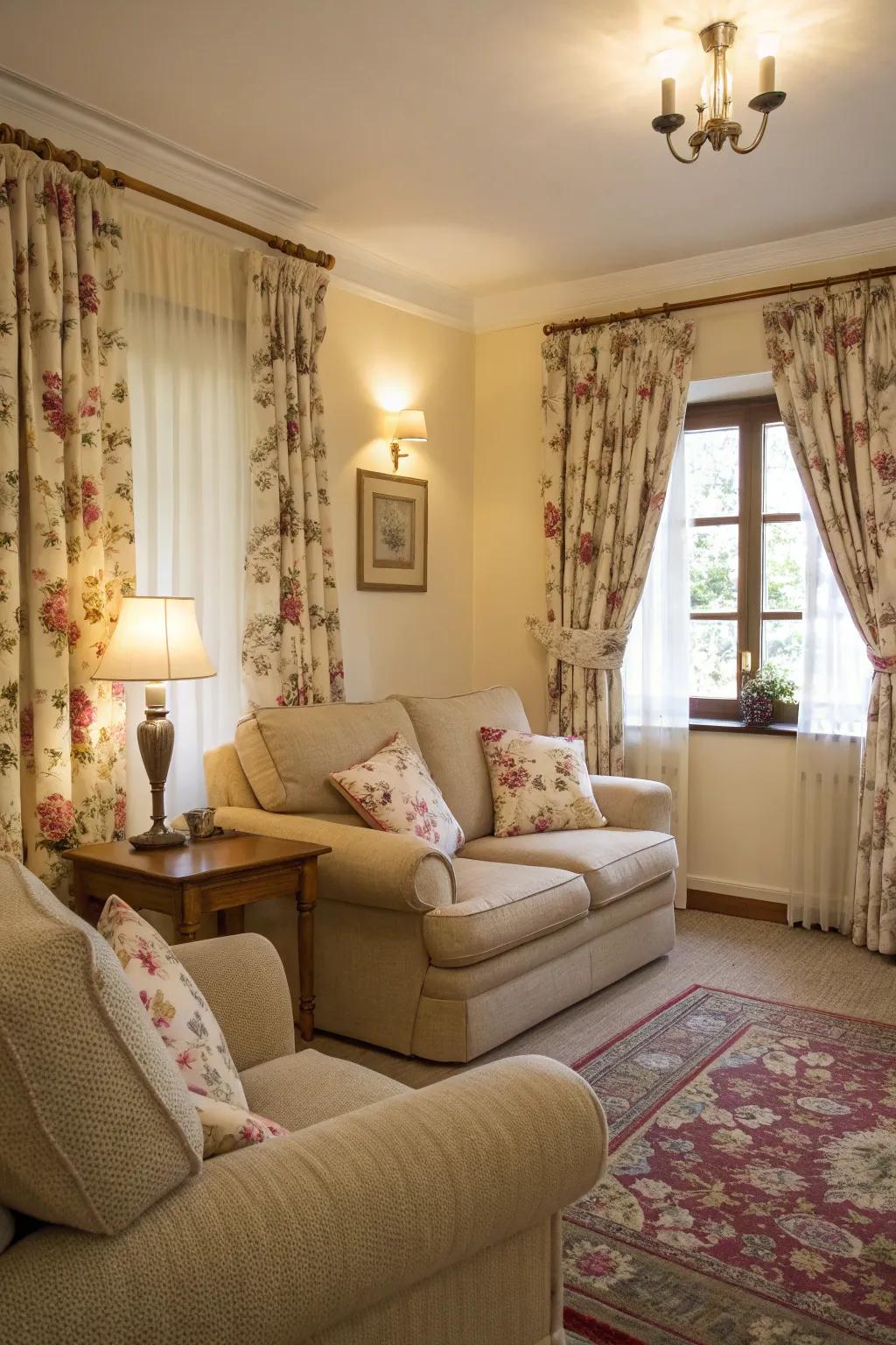 Botanical-themed drapes introduce a vibrant element to muted spaces.