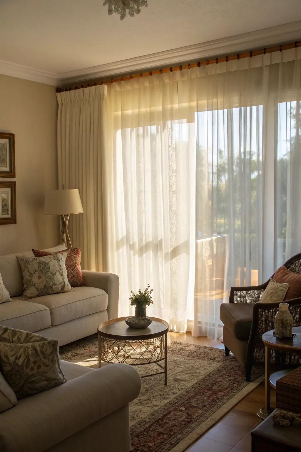 Curtain layering provides aesthetic charm and adaptable functionality.