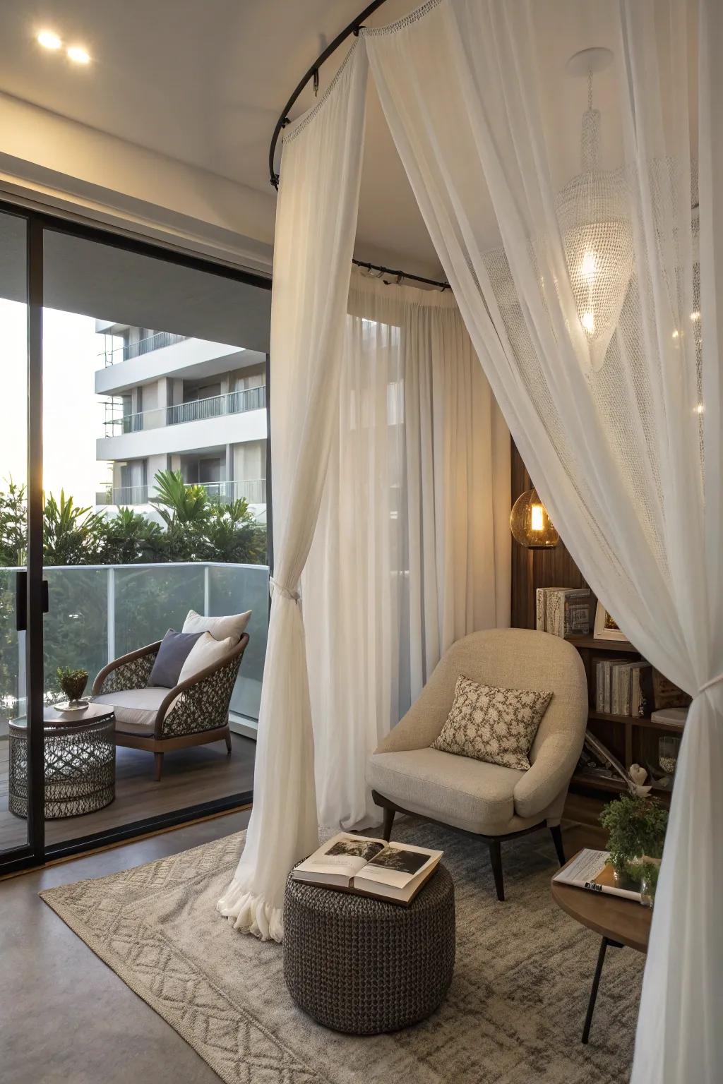 A comfortable bedroom nook fashioned with sheer curtains for a serene ambiance.