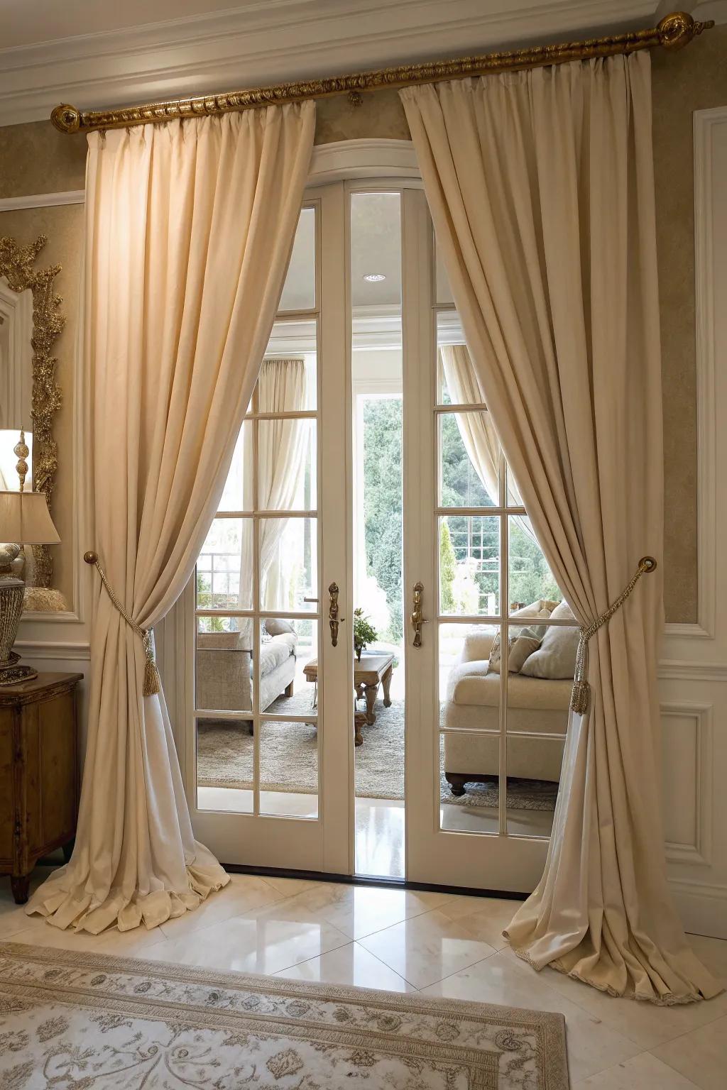 Muted window coverings add a sophisticated touch to French doors.