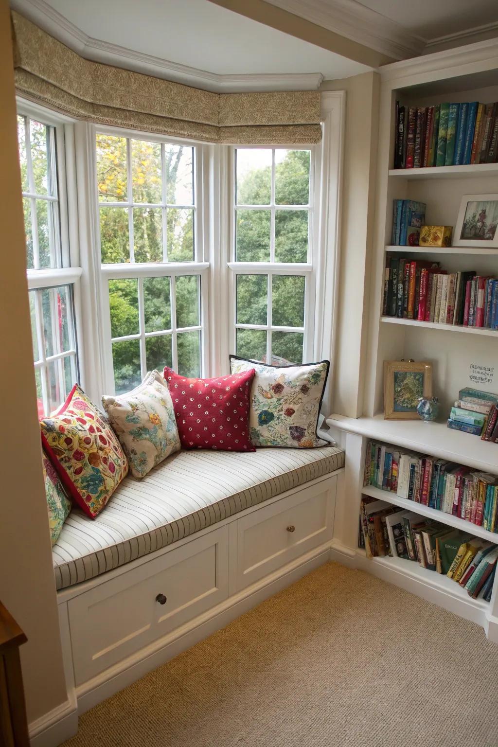 A cozy reading space nestled within an arched bay window.