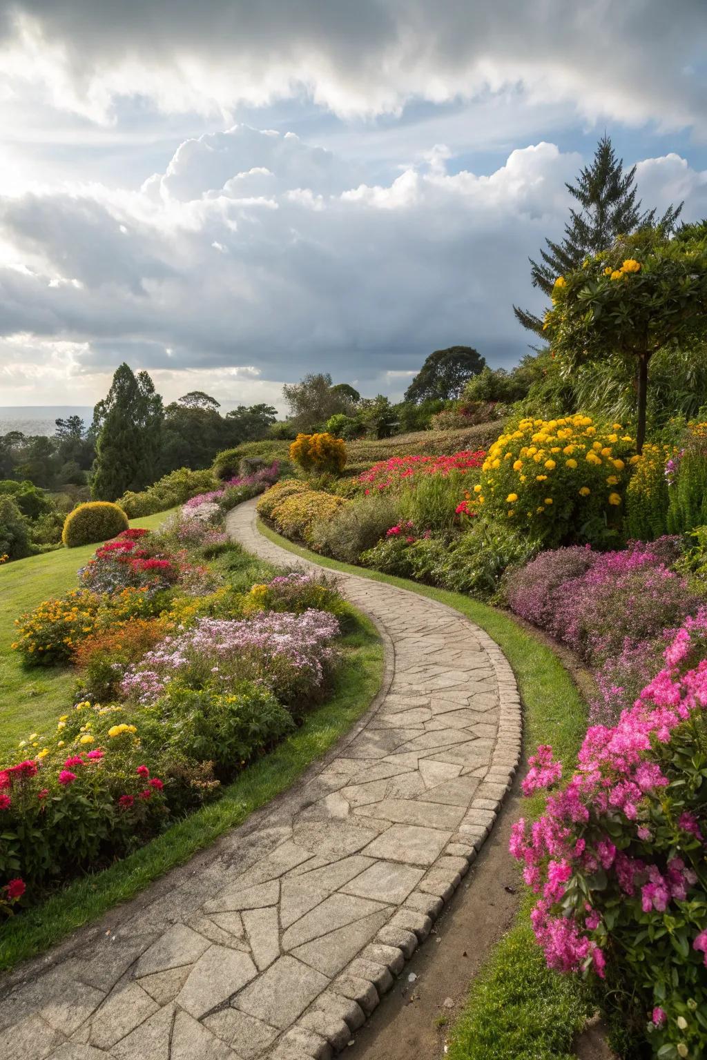 An enchanting garden path featuring gentle curves meandering through vibrant flower displays.