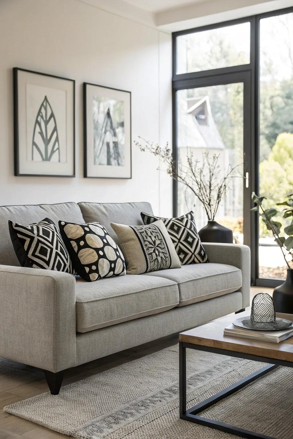 Black and white cushions impart a timeless elegance to a grey sofa.