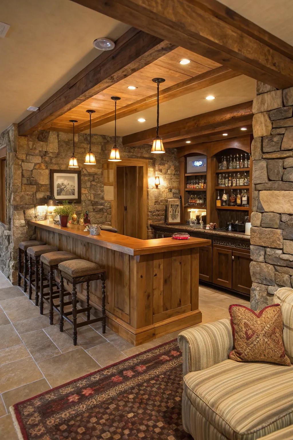 A rustic home bar showcasing wooden and stone features for a snug ambiance.