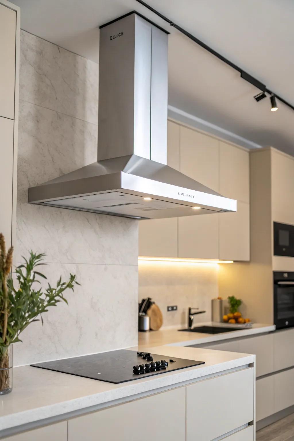 A minimalist range hood enhances the clean, uncluttered aesthetic of a modern kitchen.