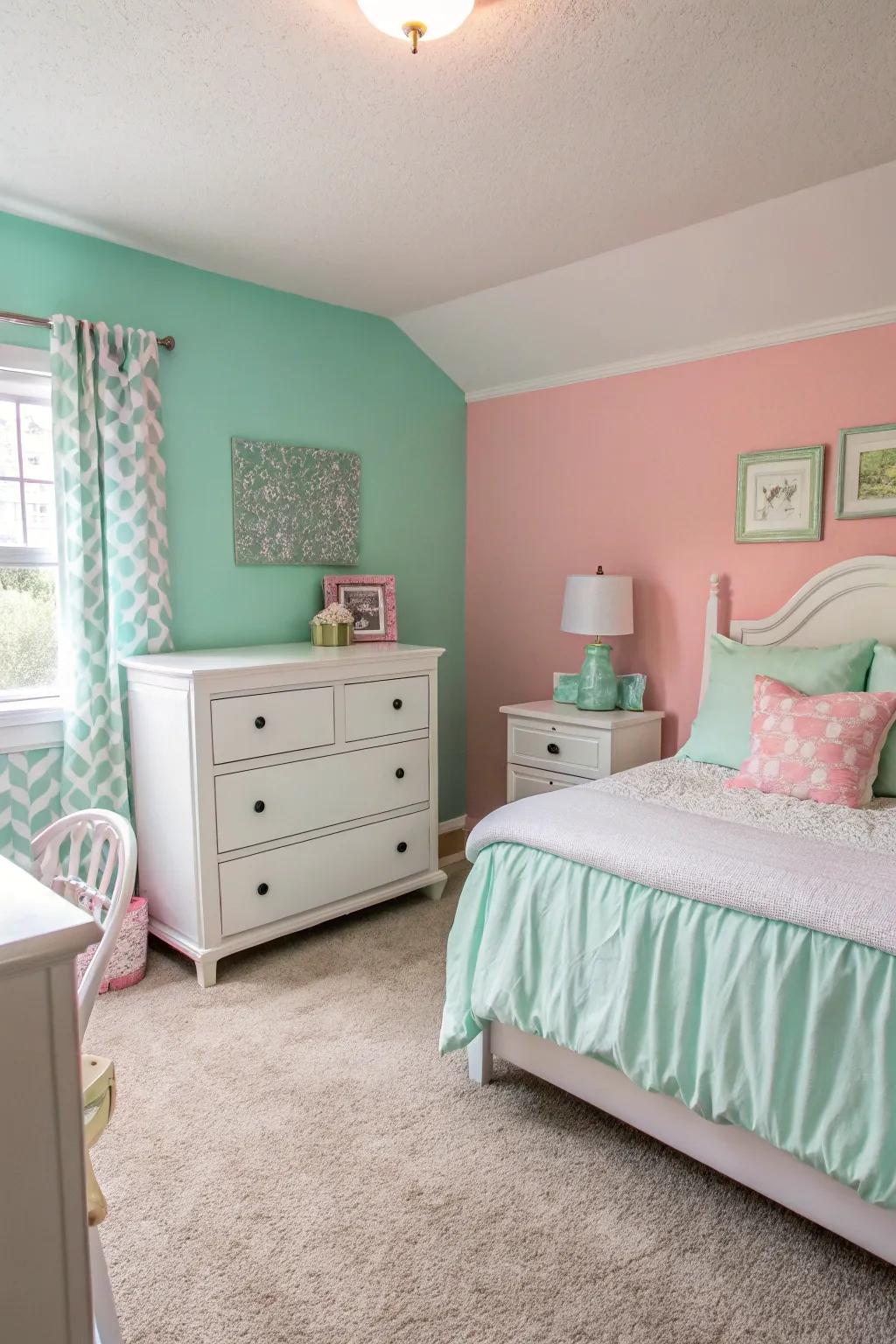 Bedroom featuring pastel tones of pink and green.