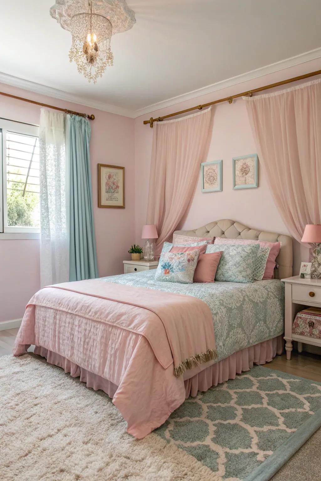 A tranquil and unified bedroom bathed in muted shades for sisters.