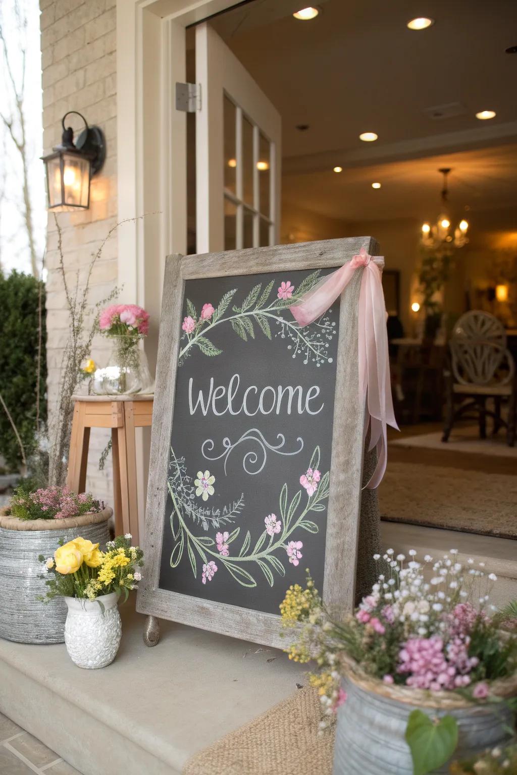 A charming entryway chalkboard displaying a seasonal greeting enhanced by floral accents.
