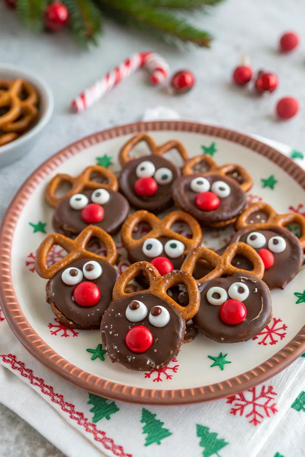 Adorable reindeer pretzels that are perfect for snacking or gifting.