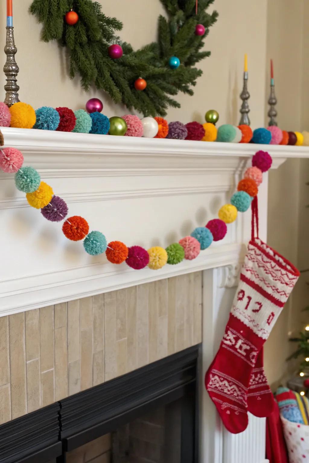 A lively pom-pom garland brings a playful touch to holiday decorations.
