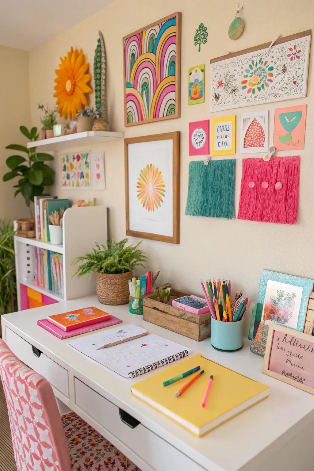 A workspace featuring colorful accessories and artwork, creating a lively and inspiring atmosphere.