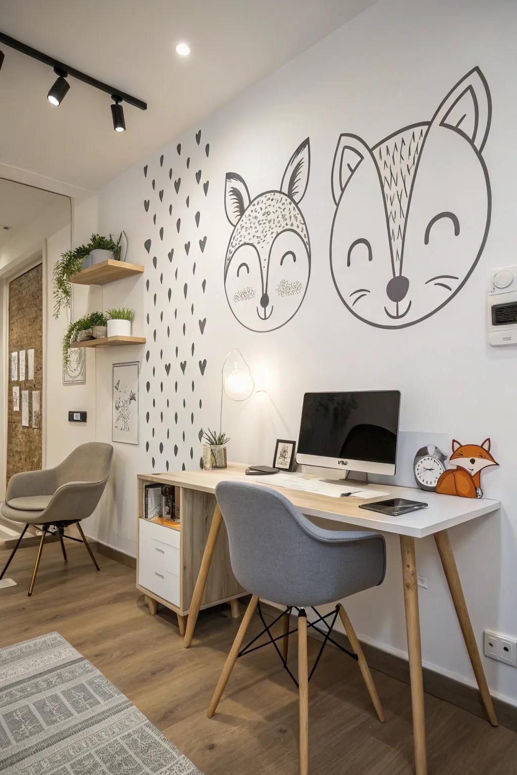 Simple animal silhouettes adding a stylish touch to a home office.