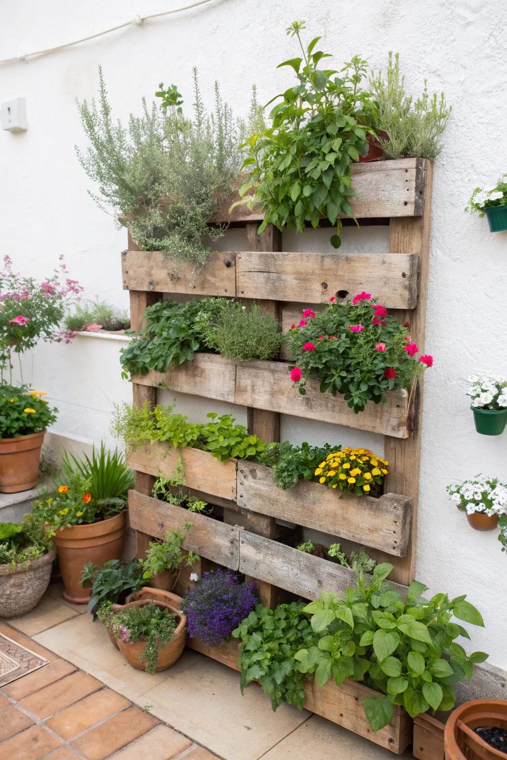 Vertical gardens constructed from pallets incorporate appeal and practicality.