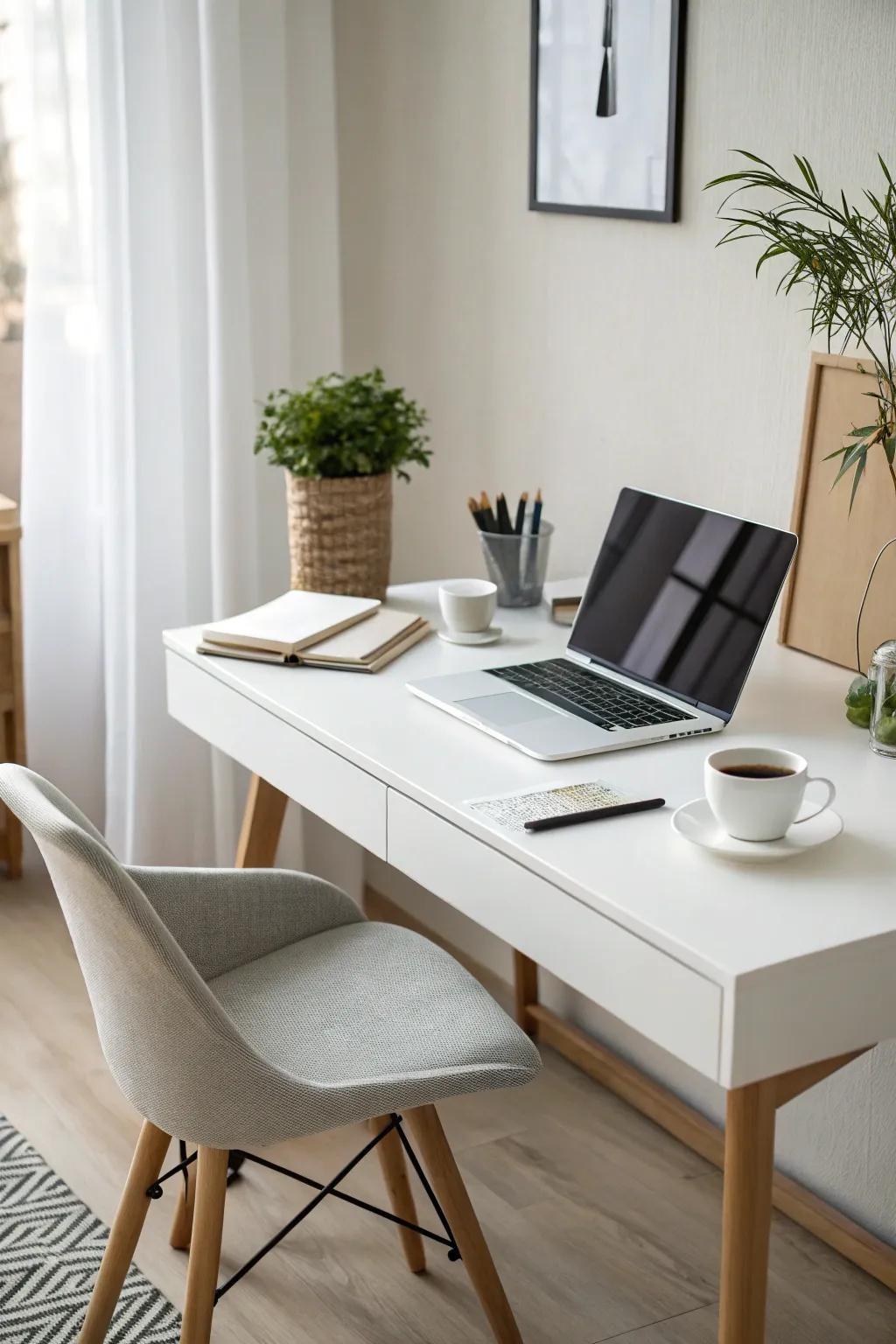 A streamlined home office featuring a sleek white desk and minimal decor.