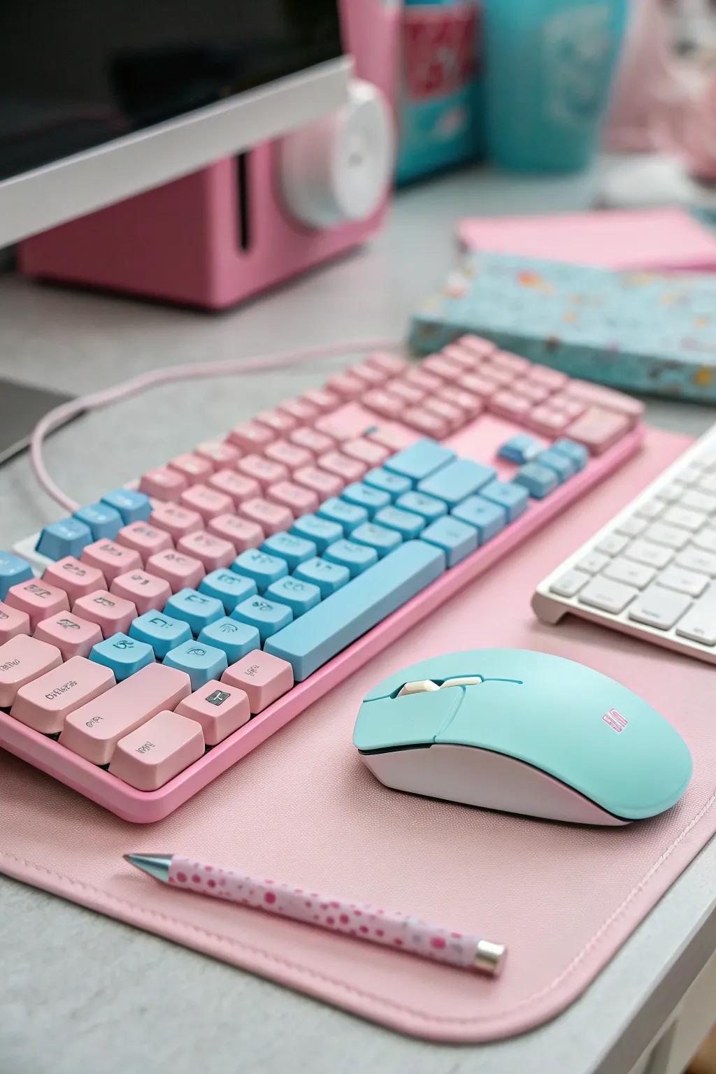A PC setup bathed in pastel colors, radiating charm and serenity.