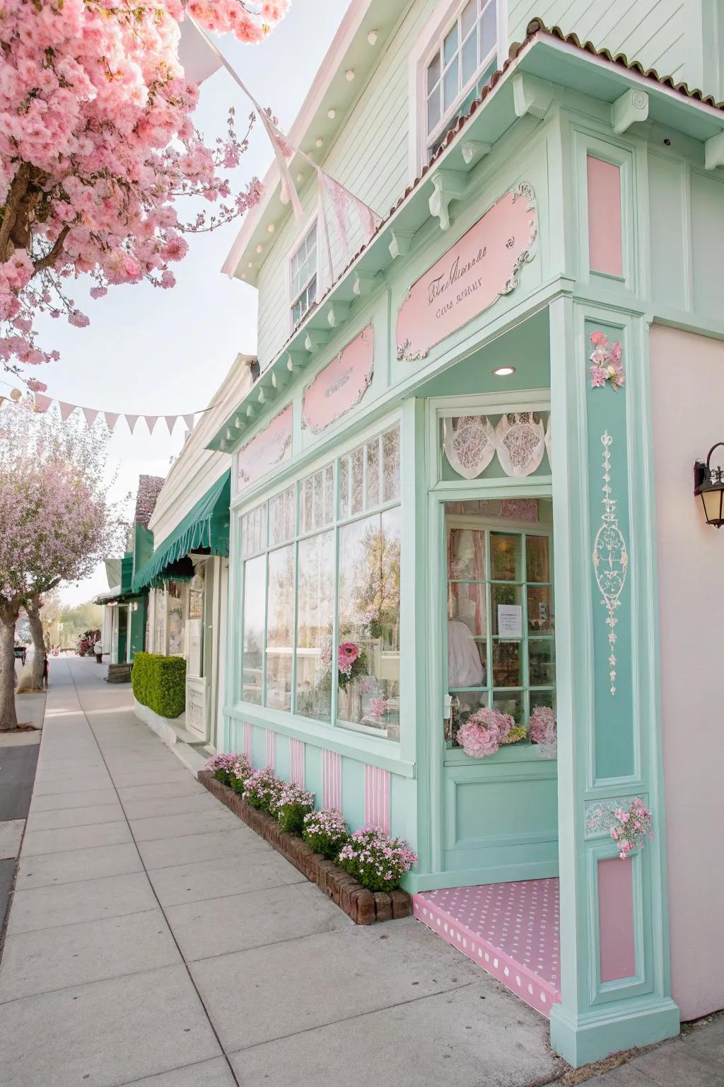 A shop front embellished with delicate hues of leafy tint and blush, radiating an ethereal allure.