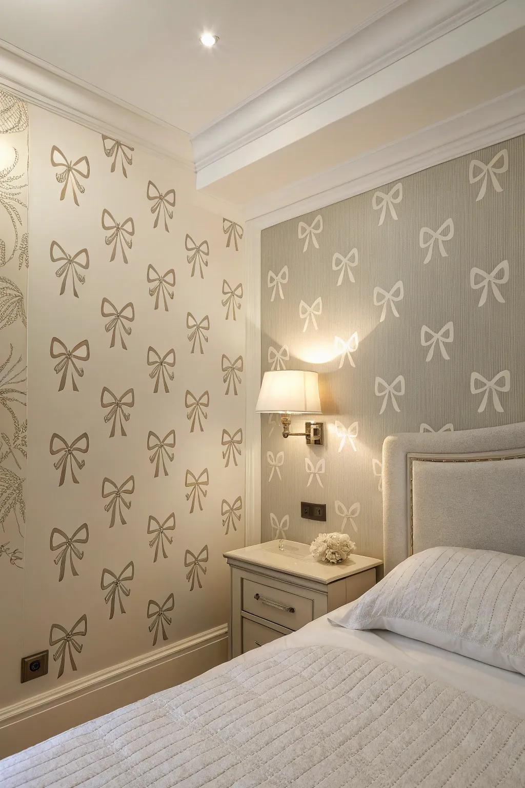 A bedroom showcasing wallpaper with a minimalist ribbon design, evoking a peaceful mood.