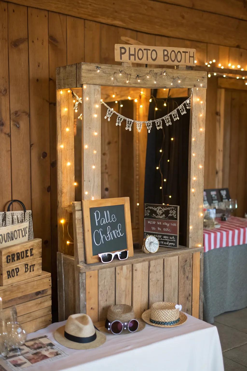 A welcoming and delightful photo corner featuring rustic components.