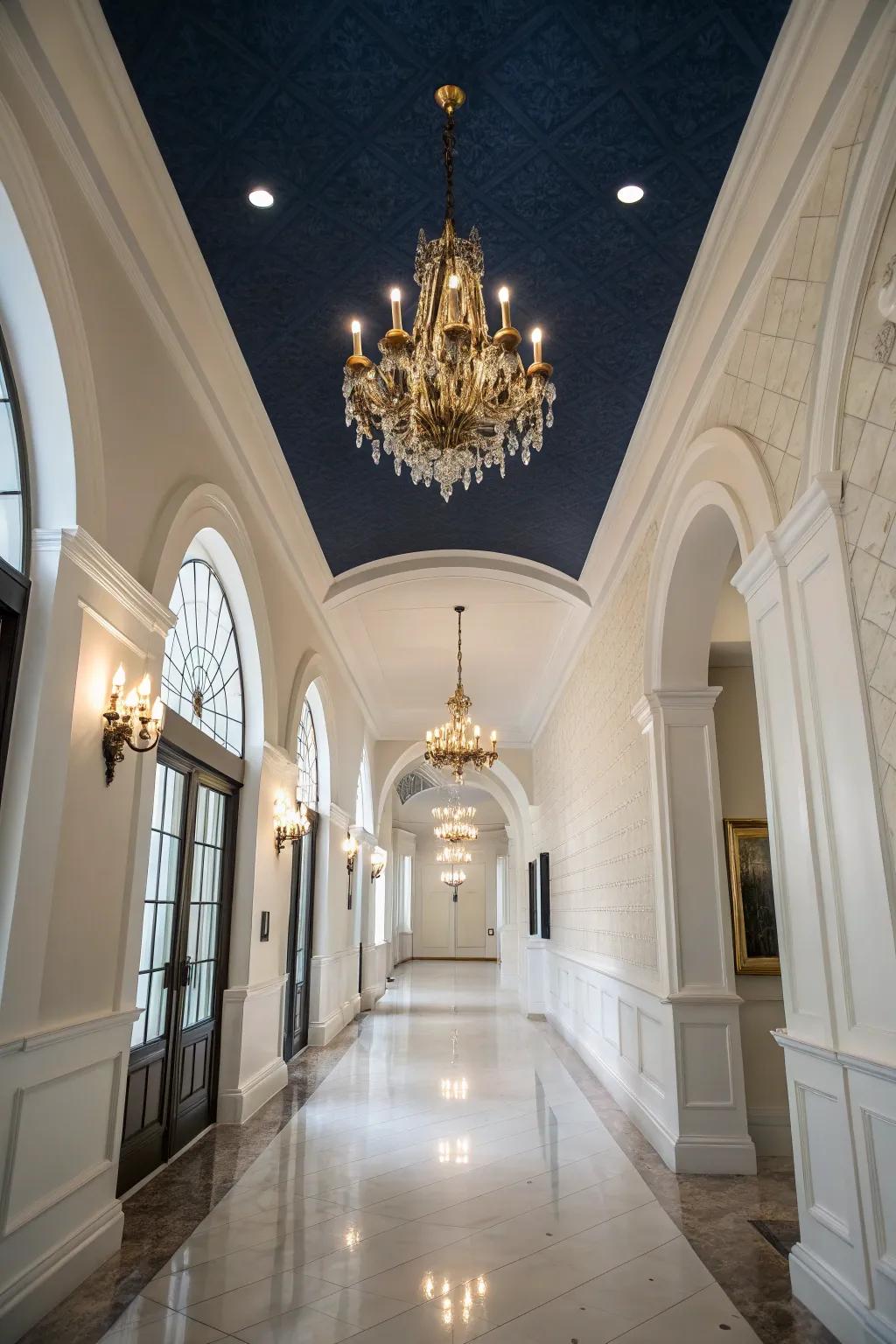 An elegant entrance enhanced by a striking dark blue ceiling.
