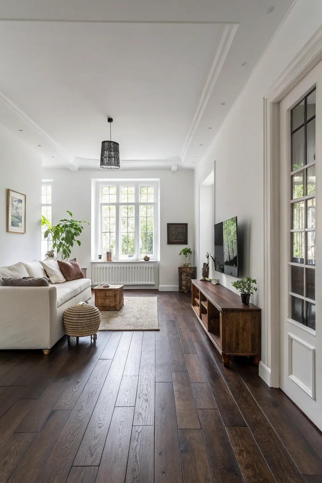 White walls serve as a classic foundation for deep brown floors.