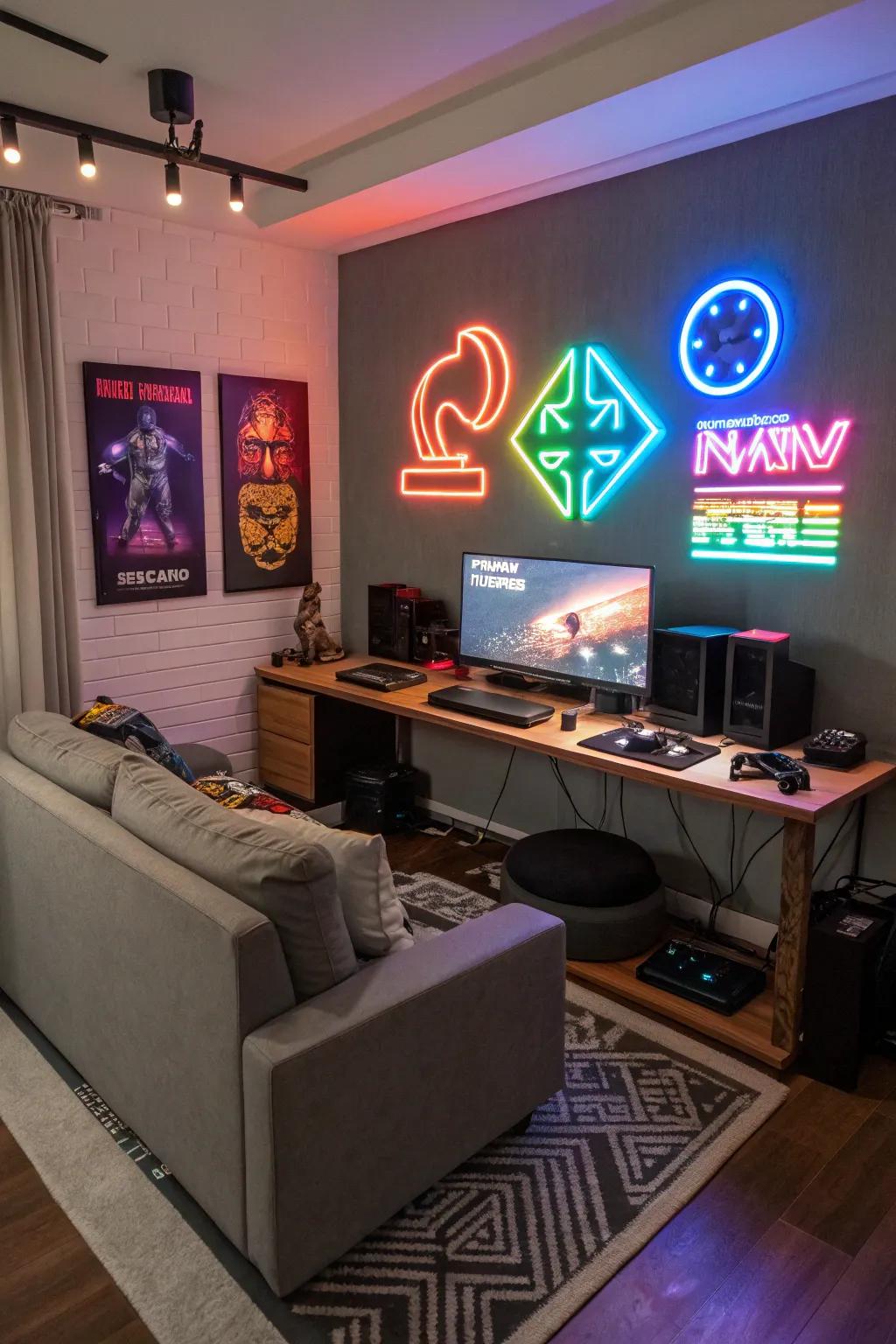 Elevate the ambiance of your gaming room with carefully placed luminous strips and neon signs.