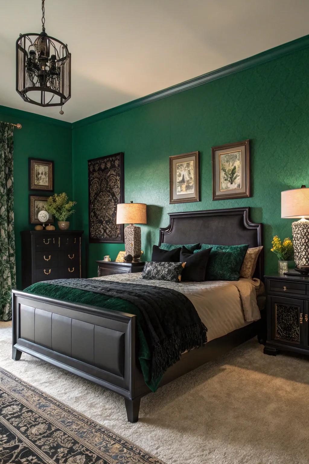 A forest green statement wall complements the sleek charcoal furniture.