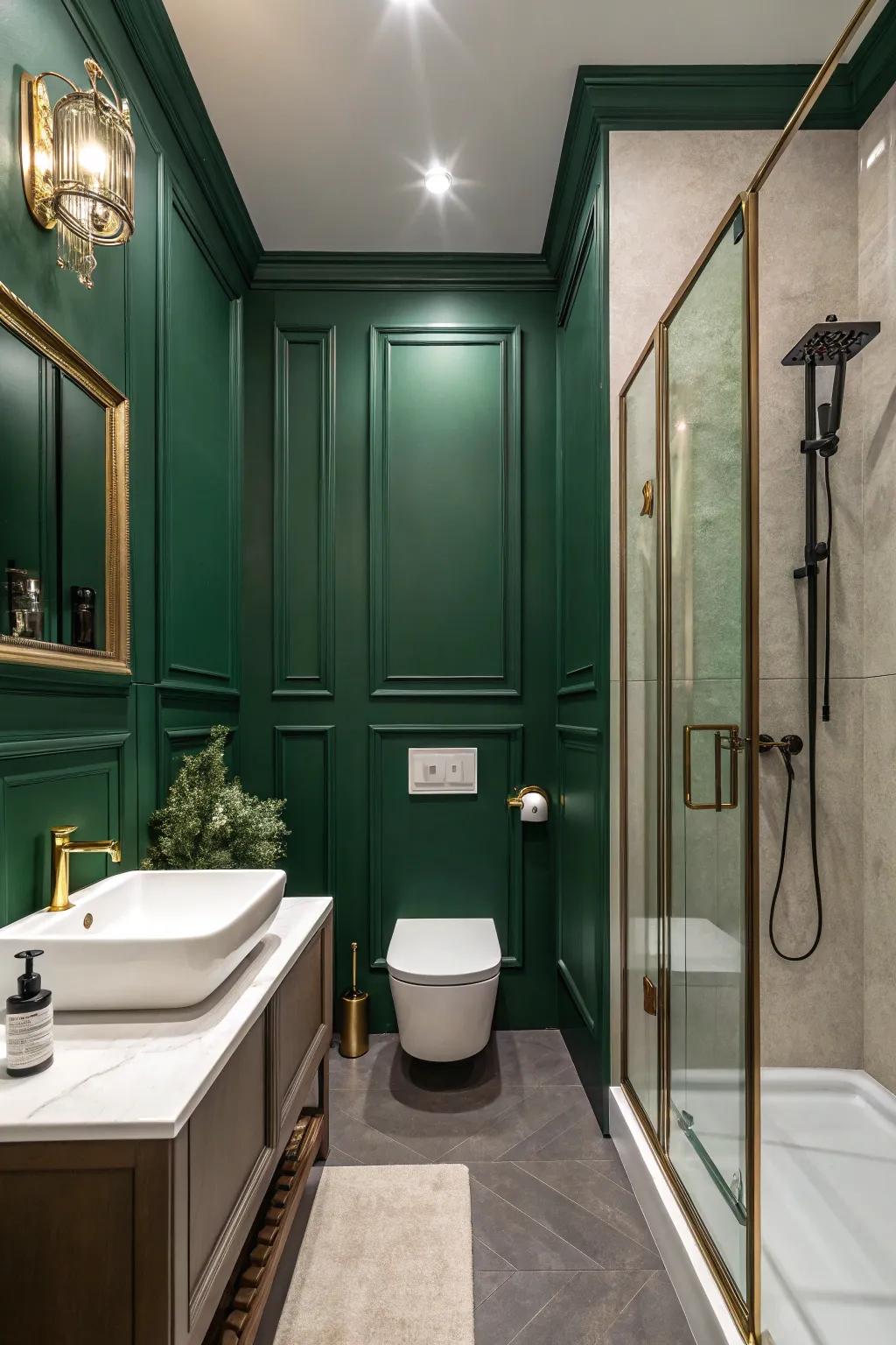 Lush deep green walls result in a striking and comforting setting.
