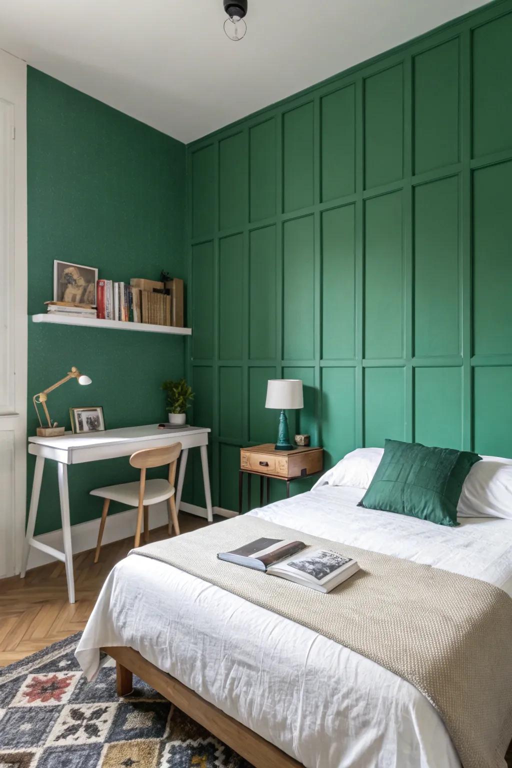 A bedroom showcasing a forest green statement wall with minimalist design.