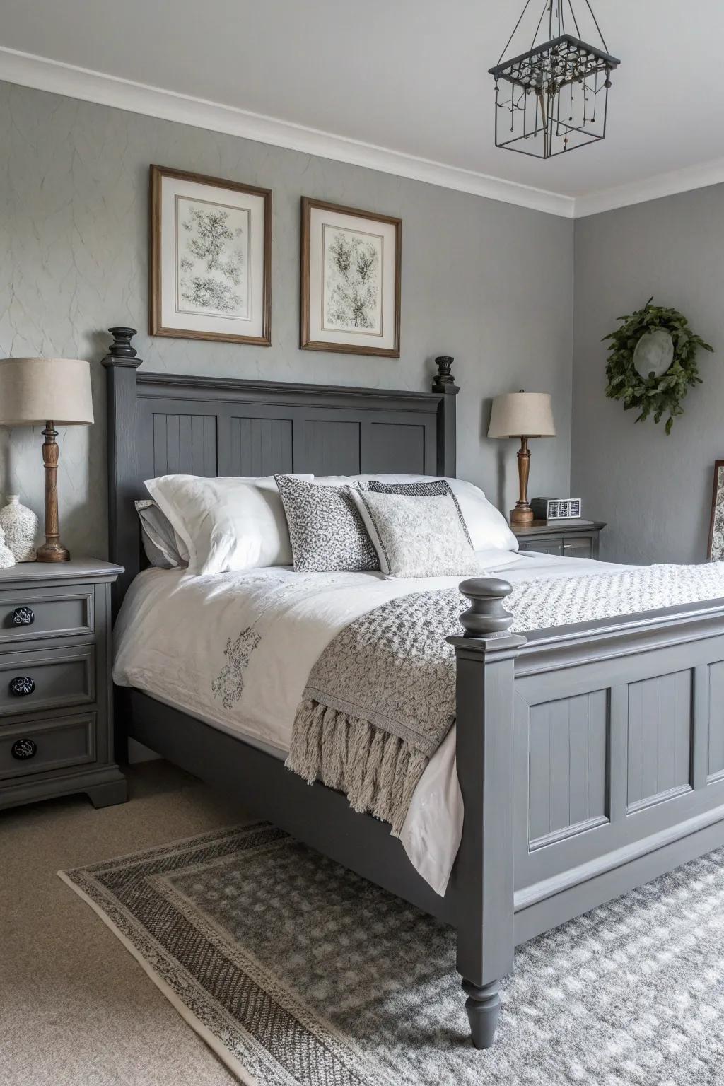 A monochrome boudoir showcasing a shadowy grey bed frame, projecting serenity and refinement.