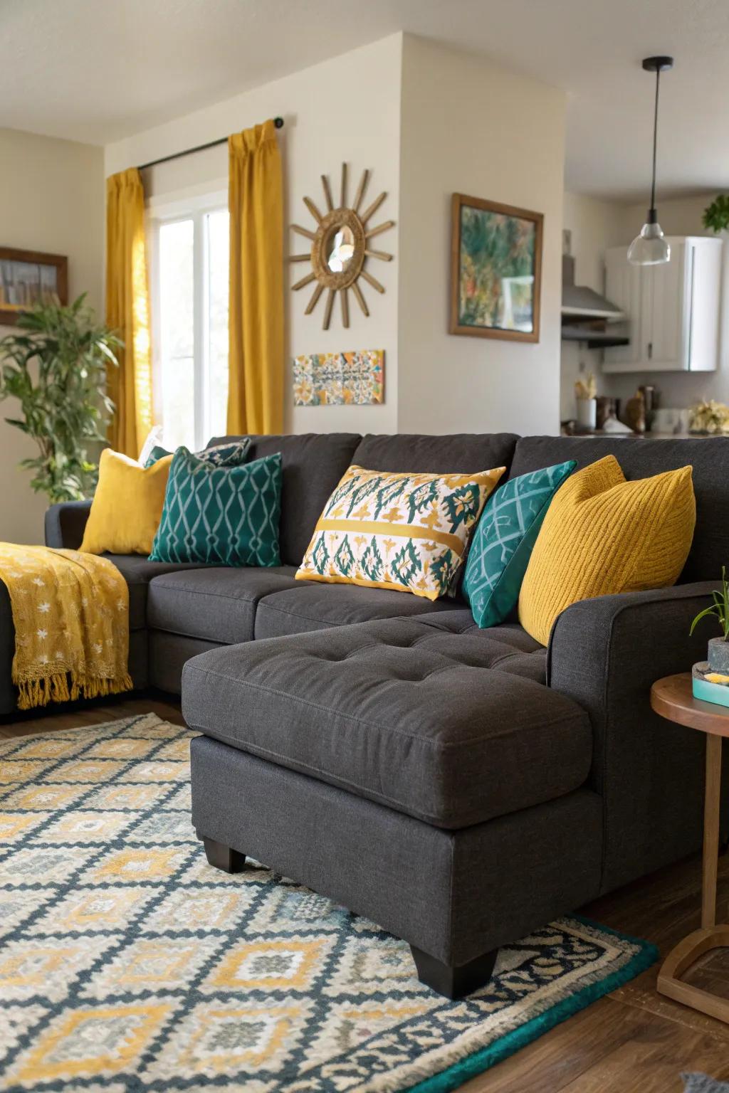 Eye-catching accent colors can revolutionize your charcoal loveseat.