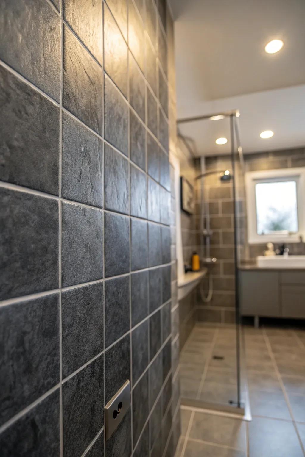 Matte deep charcoal tiles offer a serene and tranquil atmosphere in this shower space.