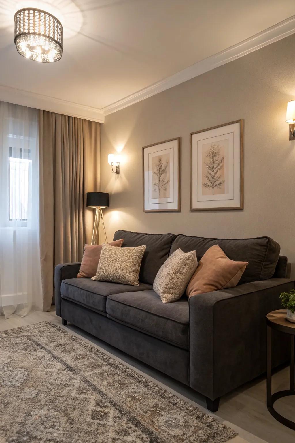 Gentle neutrals exquisitely complement the richness of a charcoal loveseat.