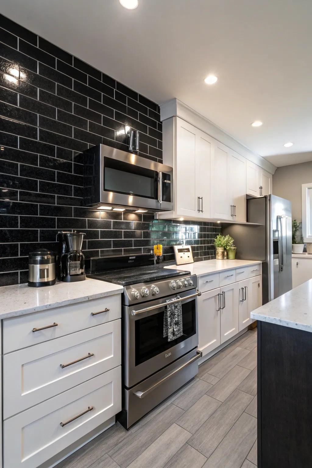 A kitchen showcasing a dark classic tile backsplash harmonized with streamlined stainless steel appliances.