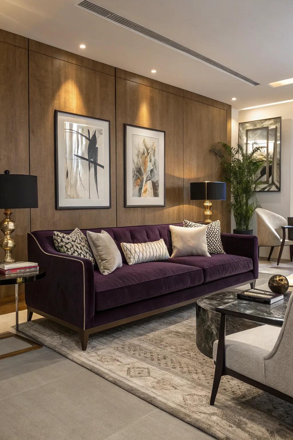 A deep violet velvet sofa brings luxury and comfort to a modern living space.