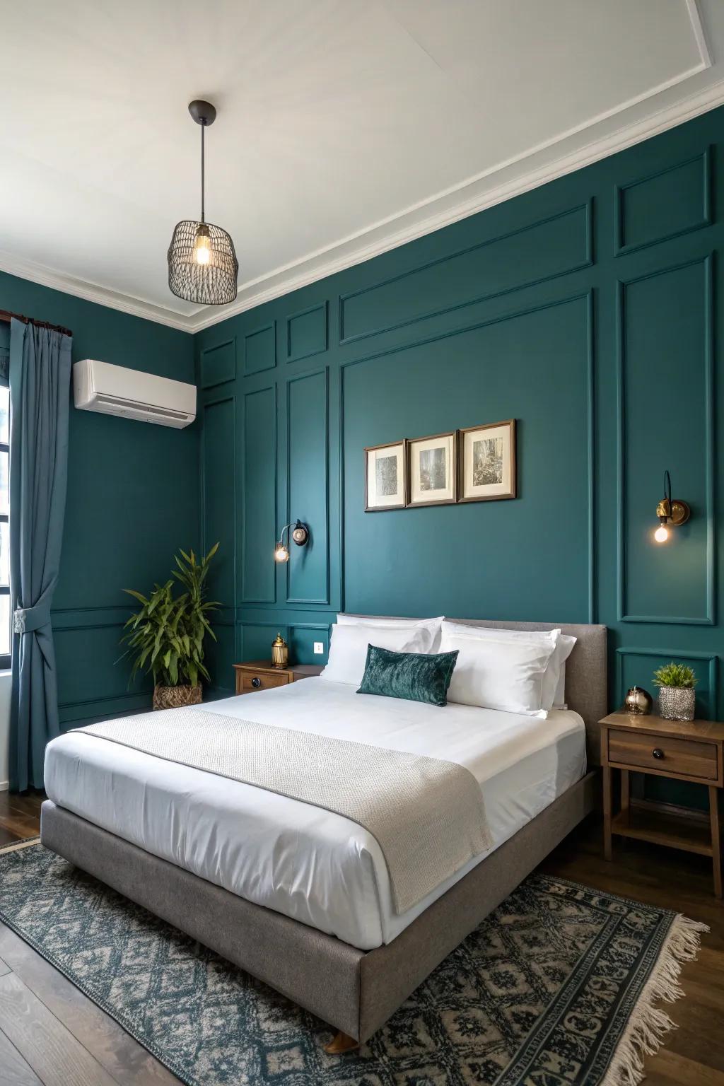 An inky teal accent wall establishes an impressive point of focus.