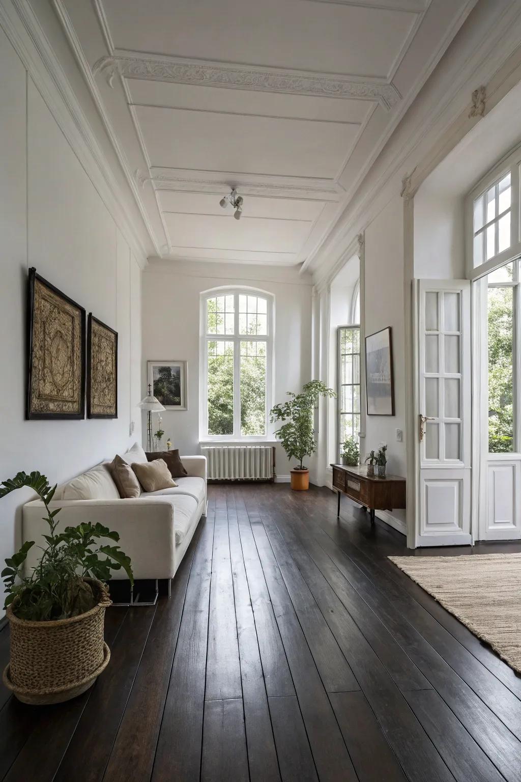 A simple living room showcasing the contrast between dark wood floors and pristine white walls.