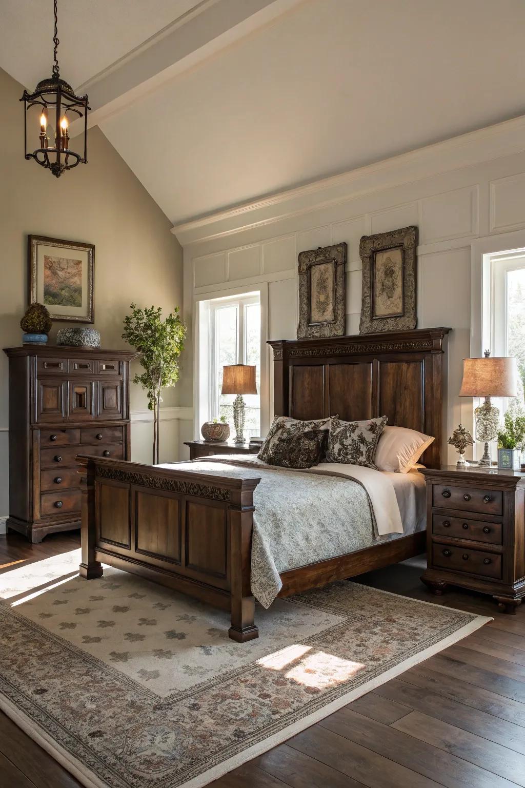 Pale walls beautifully set off dark wood furnishings.
