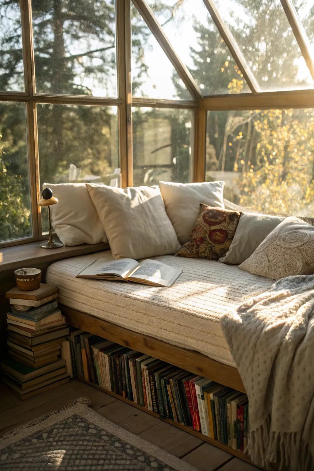 A daybed beside a window establishes a serene nook for reading.