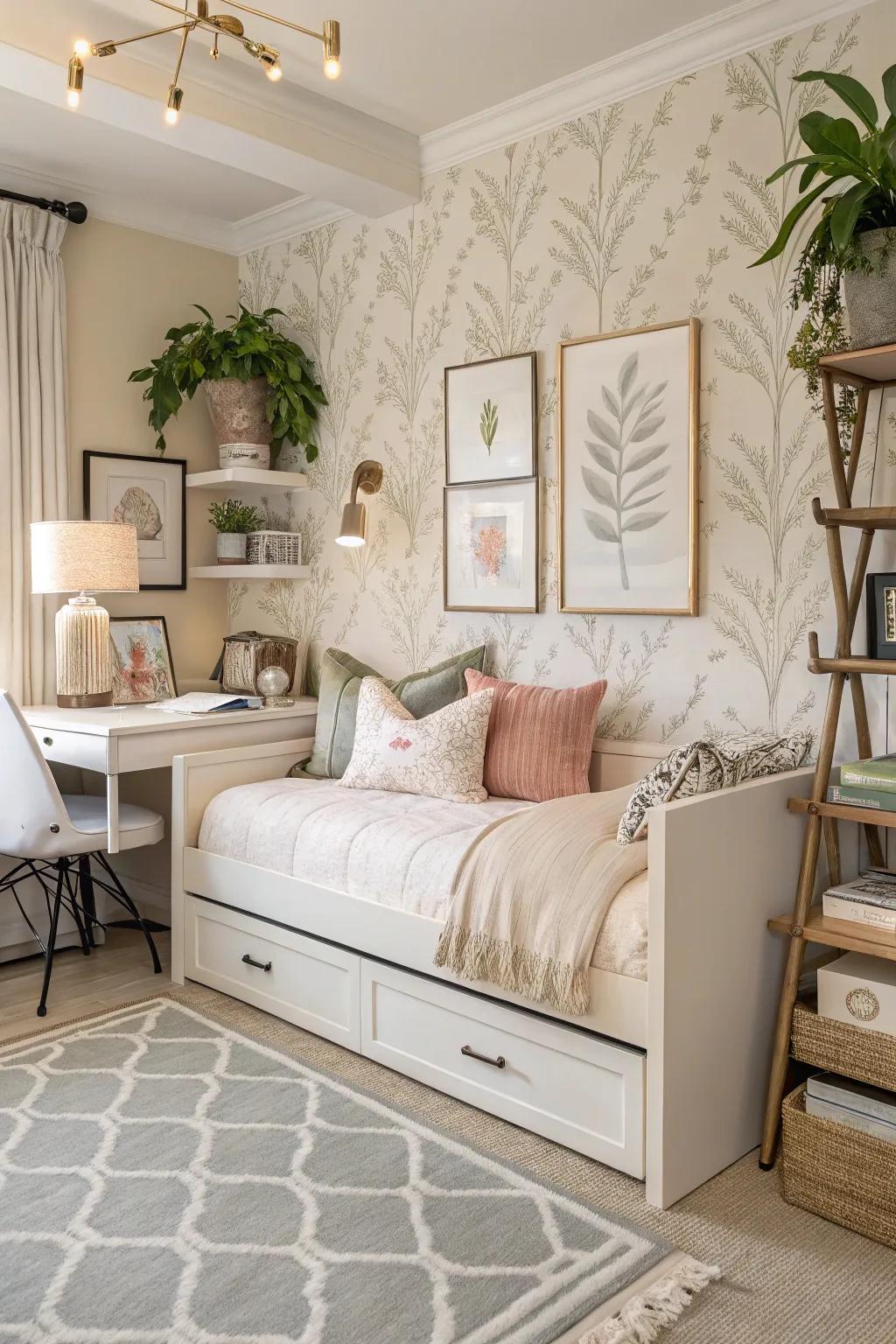 A flexible daybed with a trundle maximizes sleeping space while maintaining style.