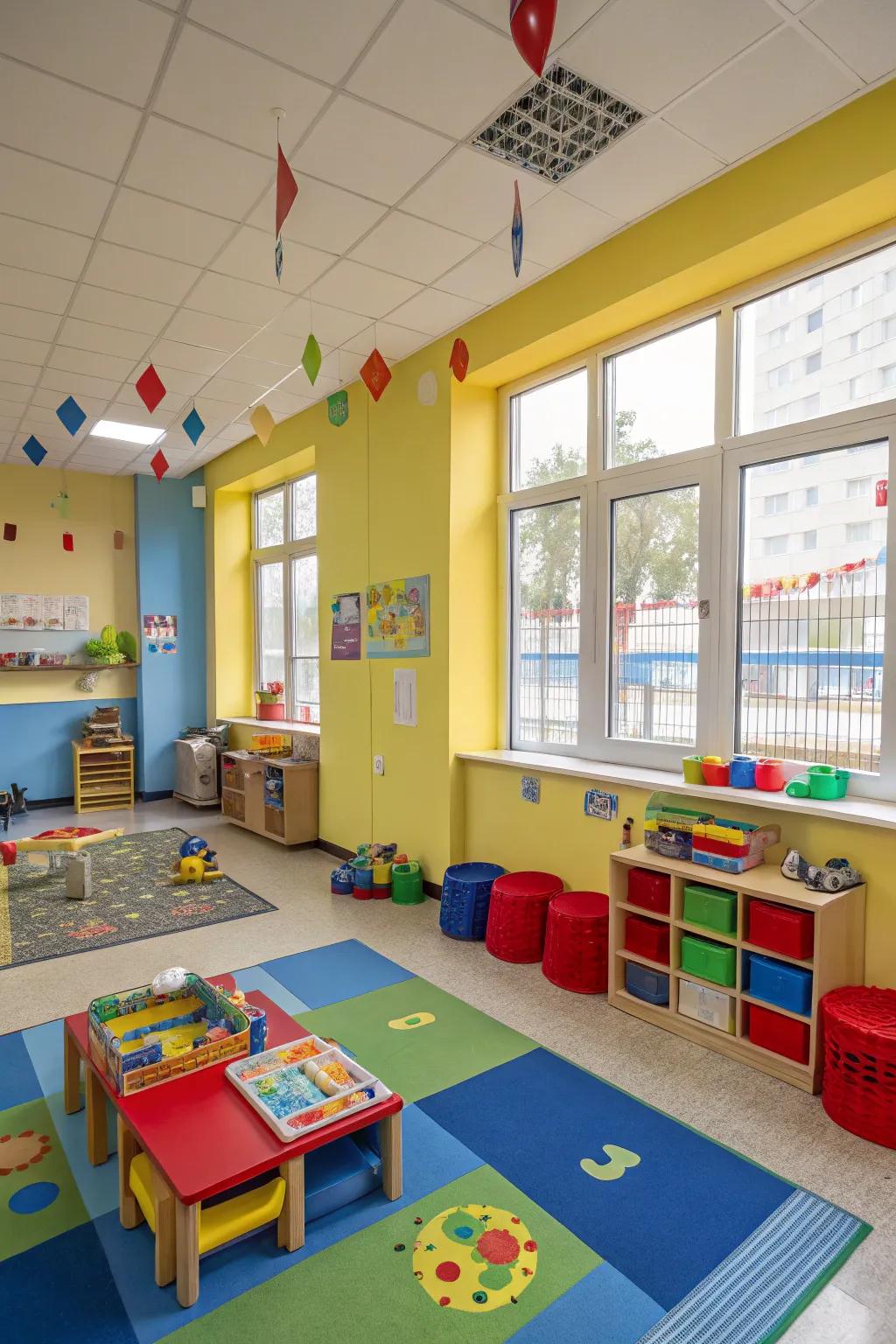 A daycare space showcasing walls painted in bright primary colors and vibrant furniture.