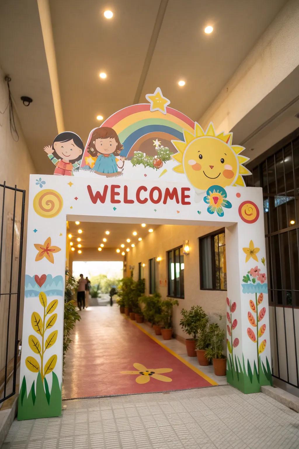 A vibrant welcome marker greets families at the entrance, setting the stage for a caring environment within.