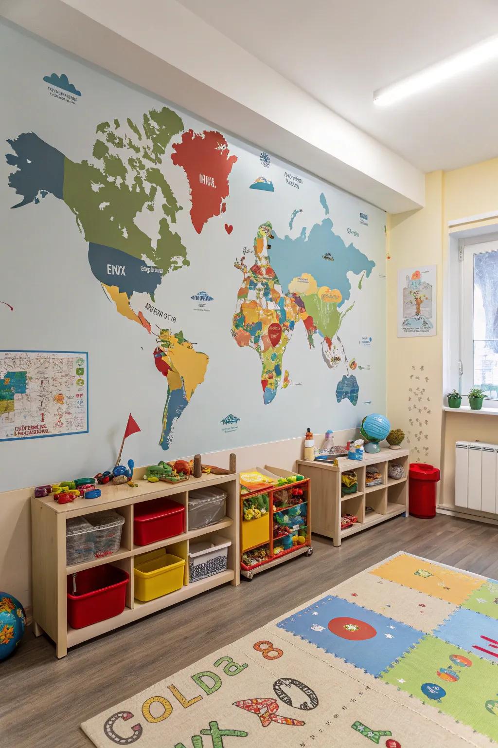 A daycare area decorated with instructional world map wallcovering.