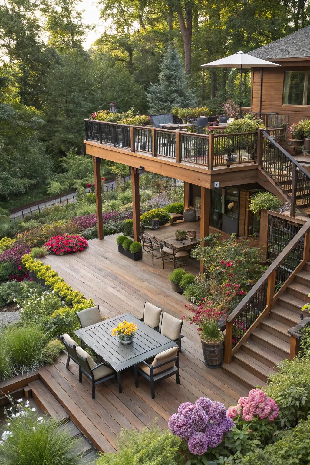 Multi-level decks provide a vibrant and useful outdoor space.