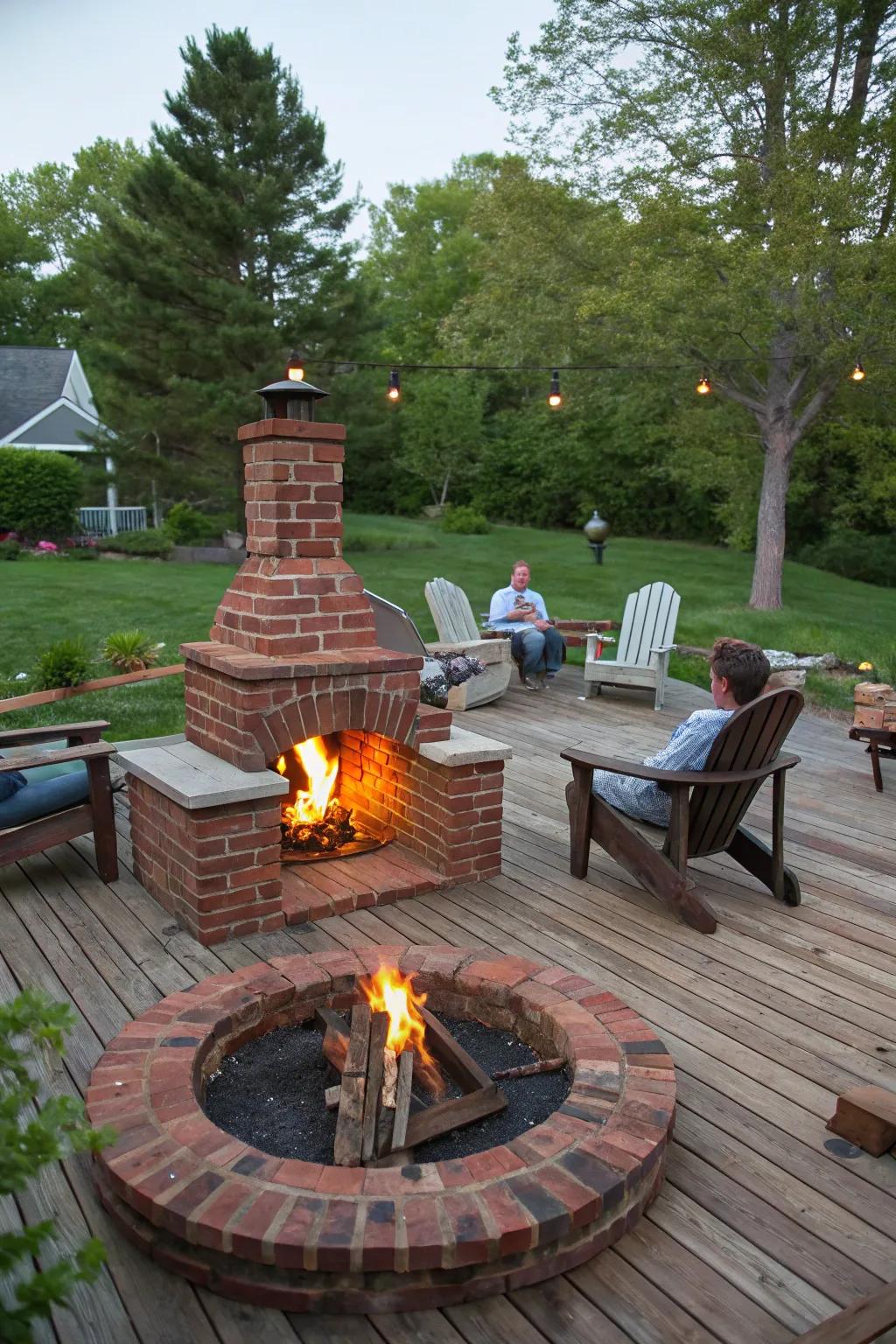 A traditional brick fire feature on a wooden patio creates a warm and welcoming ambiance.