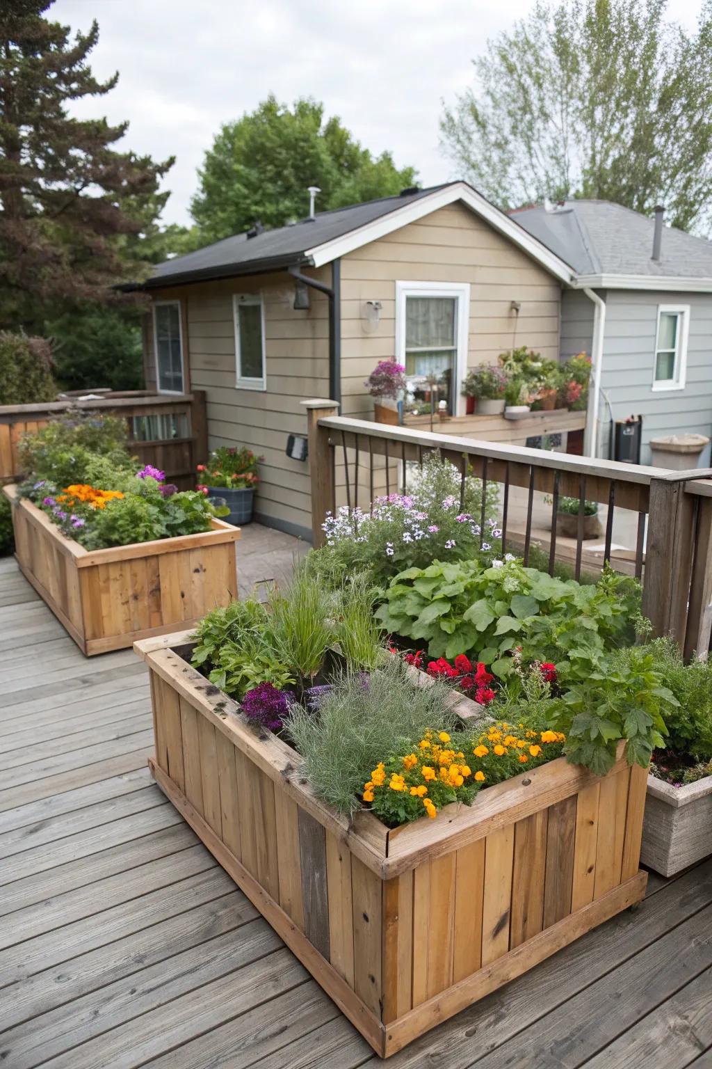 Elevated planters bring splashes of color and greenery to a space-conscious deck.