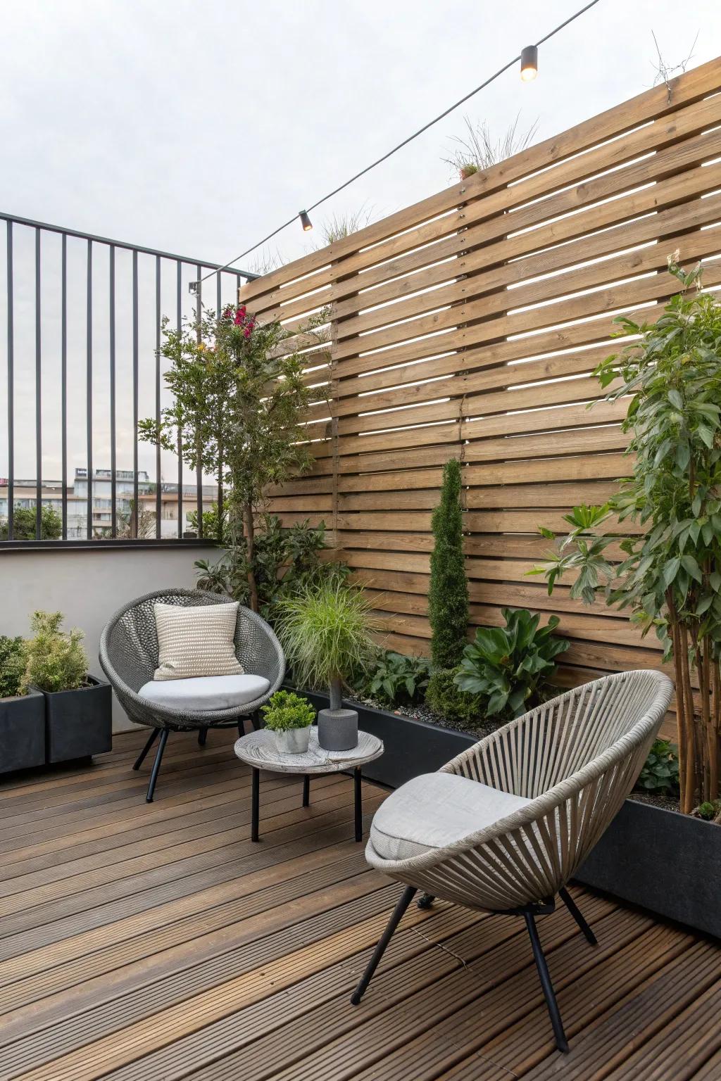 Design a stylish, secluded area with a wooden slat partition.