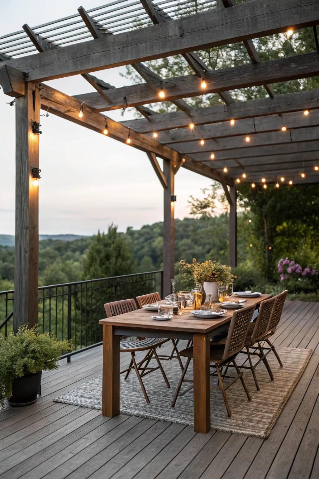 A welcoming outdoor dining setting under a pergola, ideal for social gatherings.
