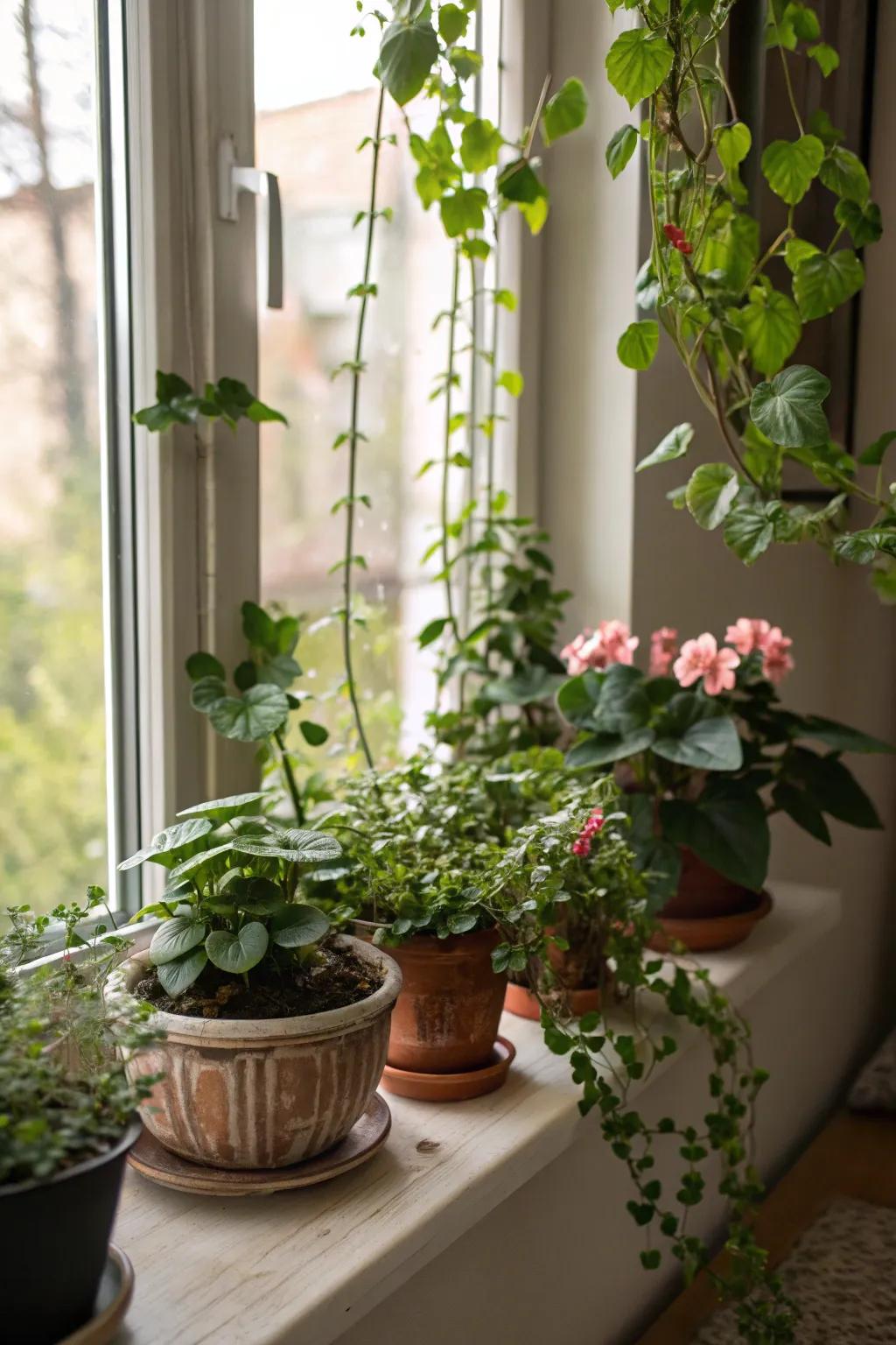 Verdant plants bring windows to life with a refreshing, lively feel.