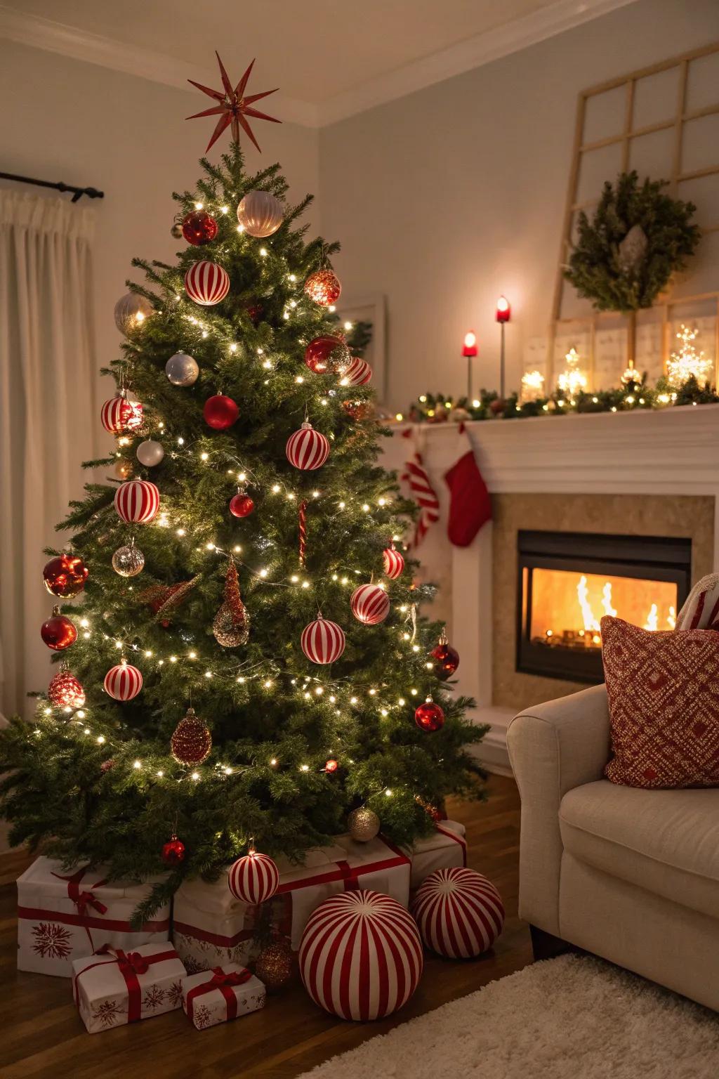A Christmas tree shimmering with crimson and ivory lights, beautified with minty sweets baubles.